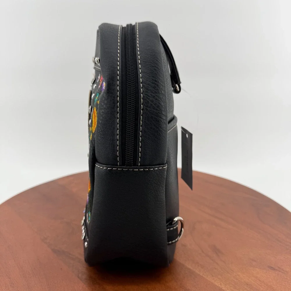 Black Faux Leather Sugar Skull Embroidered Studded Mini Backpack‎ Sling Bag NEW